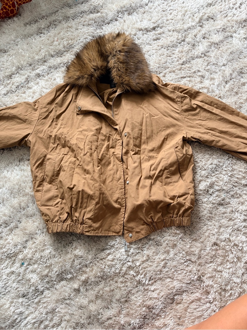 Women's Tan Bomber Jacket with Faux Fur Collar
